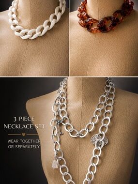 3 Statement Chunky Chain Necklace Set  | Silver Charm & Shell | Special Deal NWT
